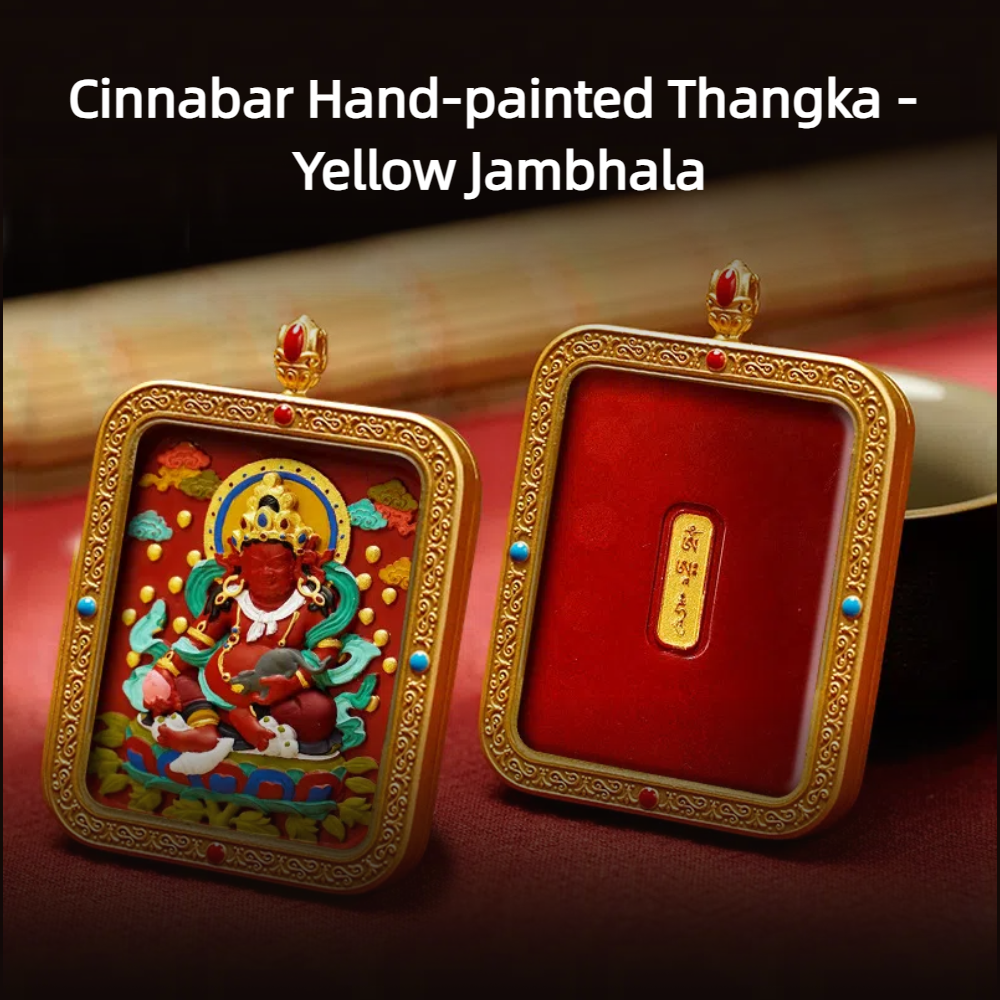 Cinnabar Hand-painted Thangka - Yellow Jambhala