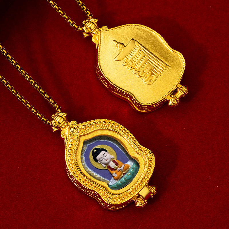 Brass Ru Tang Ten Auspicious Forms Painted Tsa Tsa Pendant (with Chain)