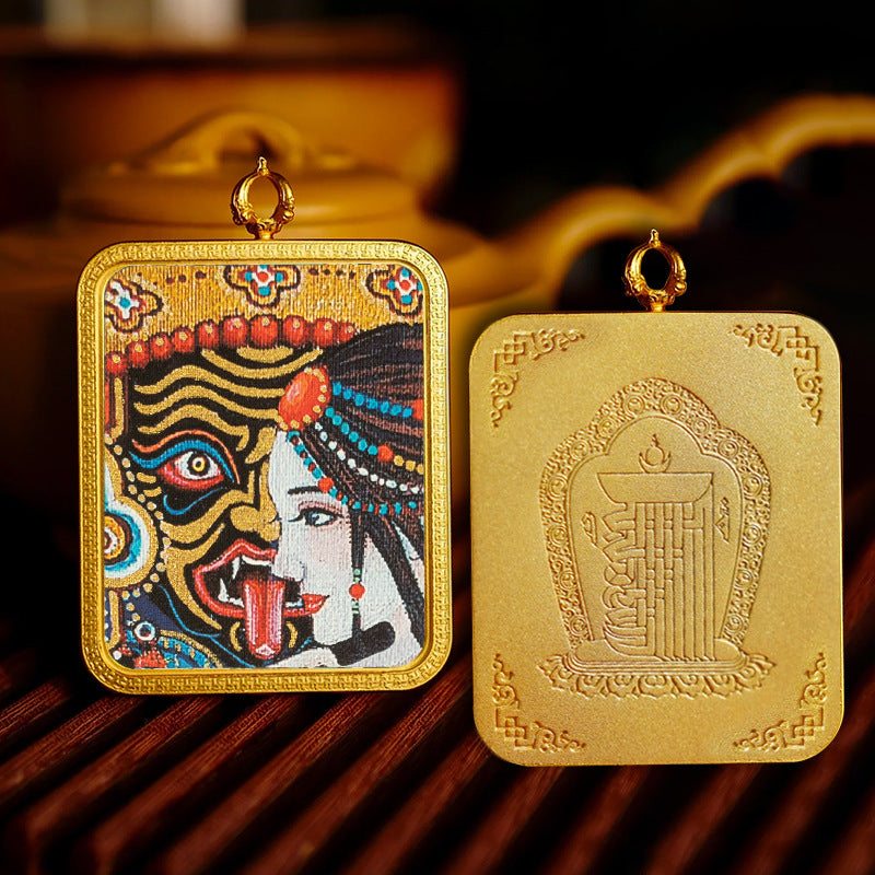 Brass Peace Talisman Rectangular 4*5cm Gold-traced Canvas Thangka
