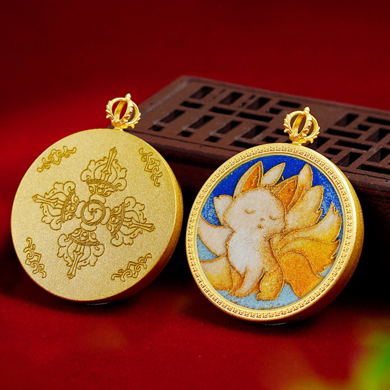 Brass Round Card Case Pendant 35mm (Brass Painting Case) - Cloisonné Thangka with Copper Base