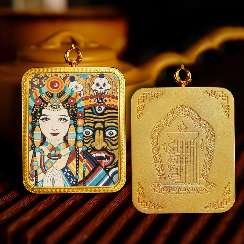 Brass Peace Talisman Rectangular 4*5cm Gold-traced Canvas Thangka