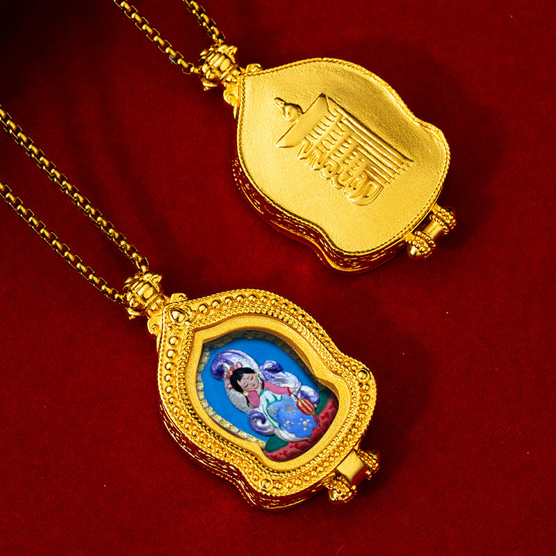 Brass Ru Tang Ten Auspicious Forms Painted Tsa Tsa Pendant (with Chain)