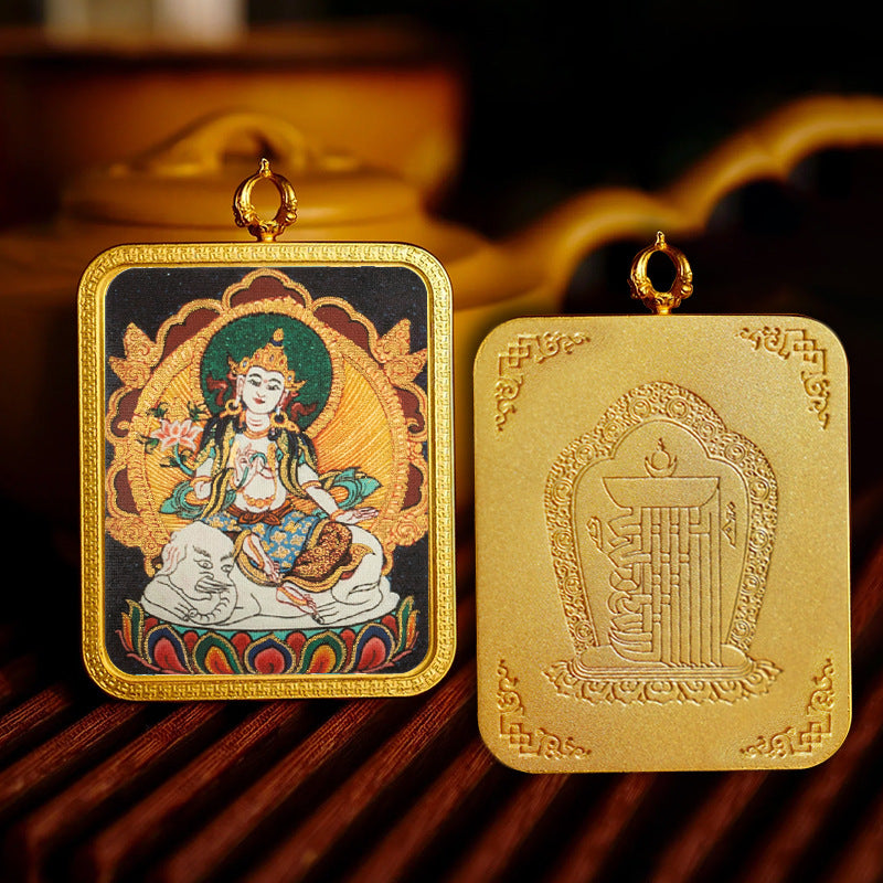 Brass Peace Talisman Rectangular 4*5cm Gold-traced Canvas Thangka