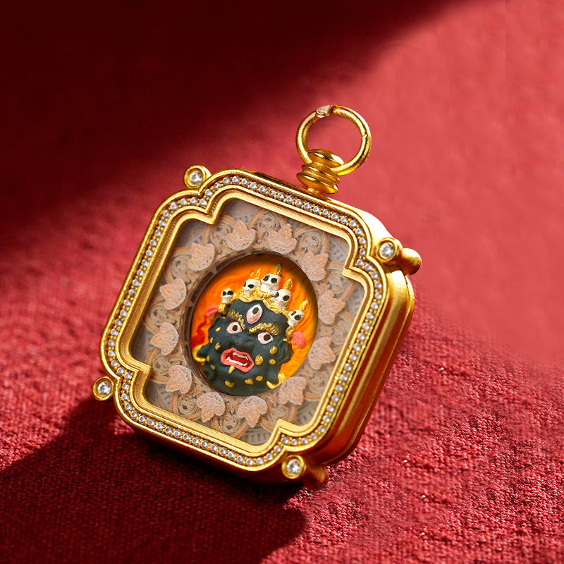 Brass and Black Jade Carved Thangka Pendant