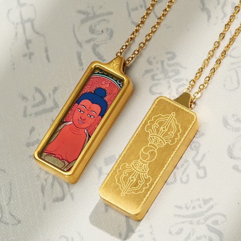 Hand-painted Mini Rectangular 30*10mm Replica Thangka Painting Box (with Chain)
