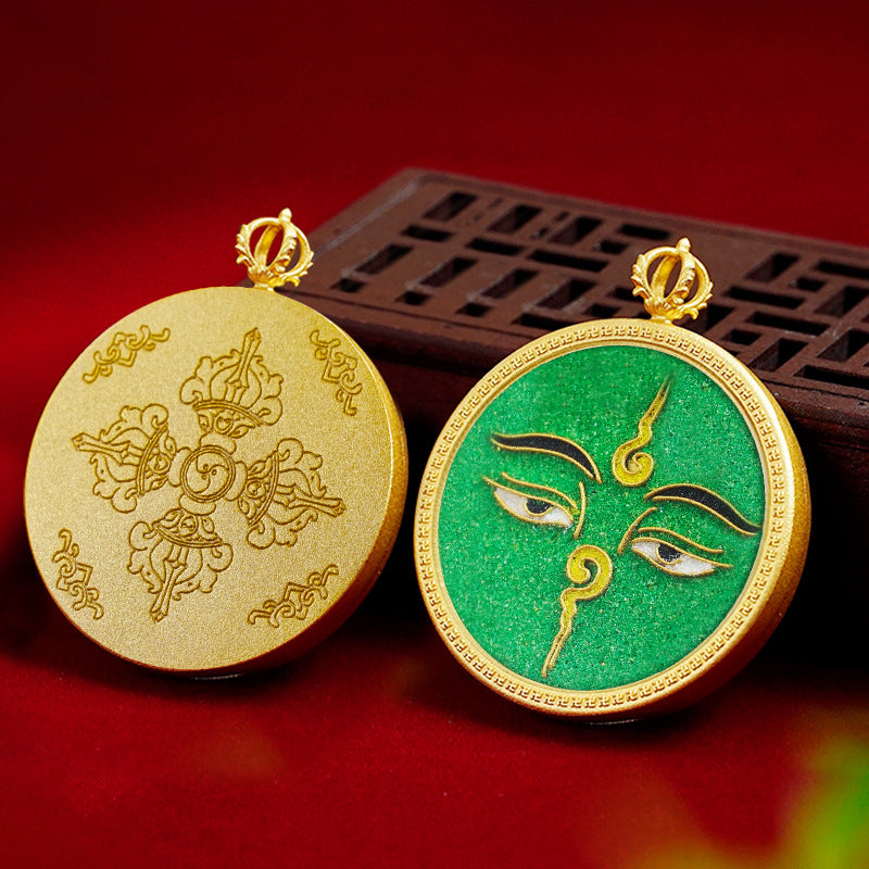 Brass Round Card Case Pendant 35mm (Brass Painting Case) - Cloisonné Thangka with Copper Base