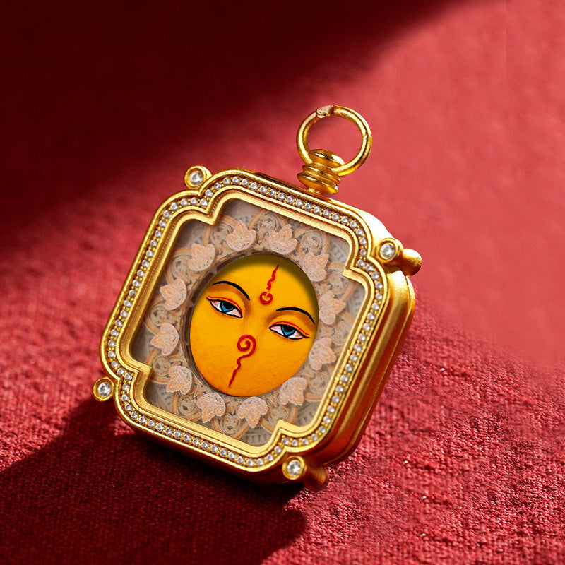 Brass and Black Jade Carved Thangka Pendant
