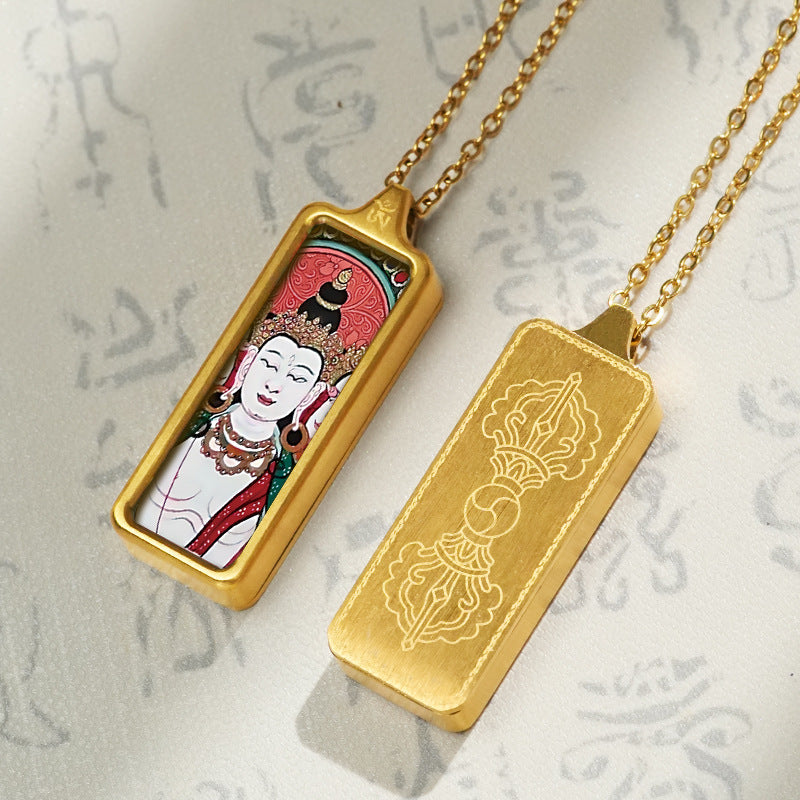 Hand-painted Mini Rectangular 30*10mm Replica Thangka Painting Box (with Chain)