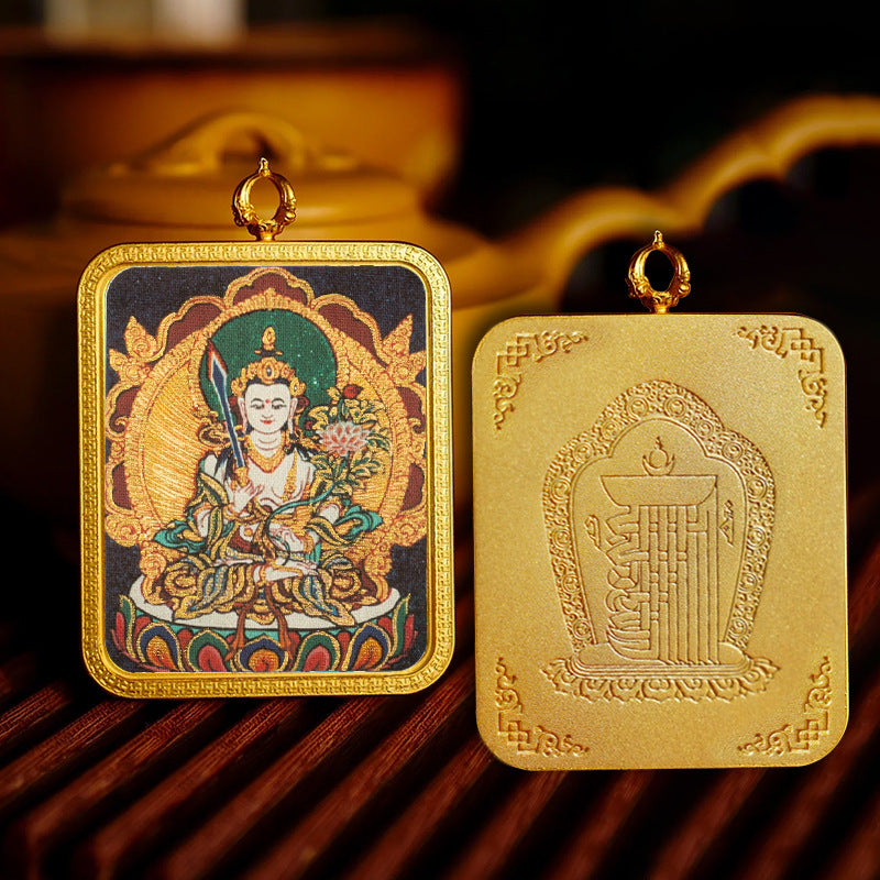 Brass Peace Talisman Rectangular 4*5cm Gold-traced Canvas Thangka