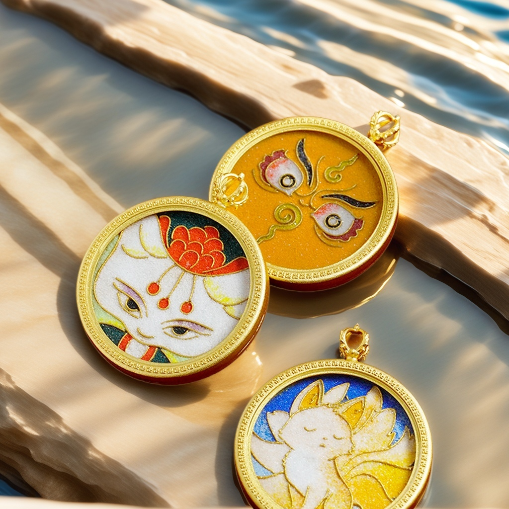 Brass Round Card Case Pendant 35mm (Brass Painting Case) - Cloisonné Thangka with Copper Base