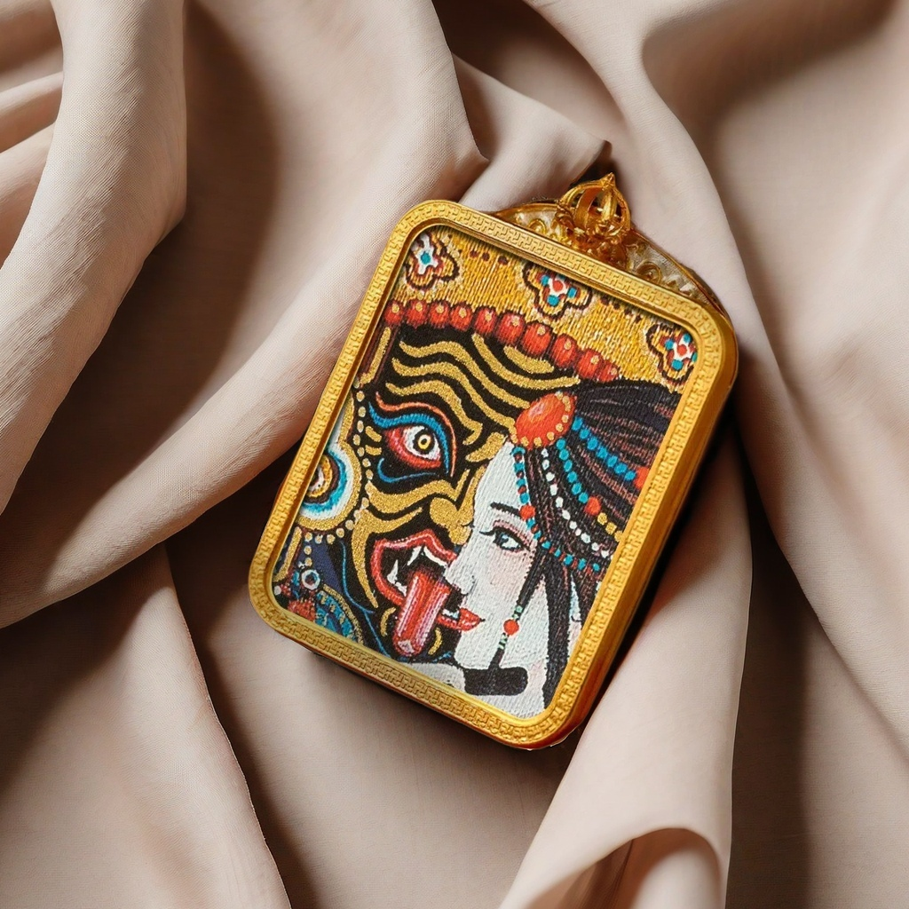Brass Peace Talisman Rectangular 4*5cm Gold-traced Canvas Thangka