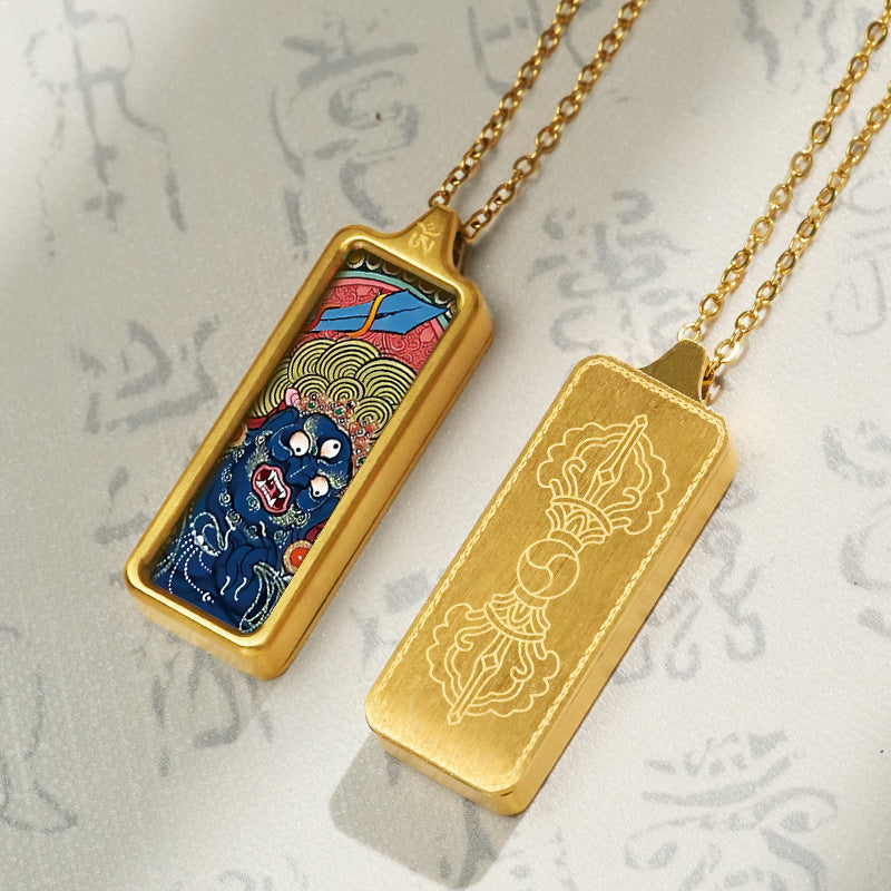 Hand-painted Mini Rectangular 30*10mm Replica Thangka Painting Box (with Chain)