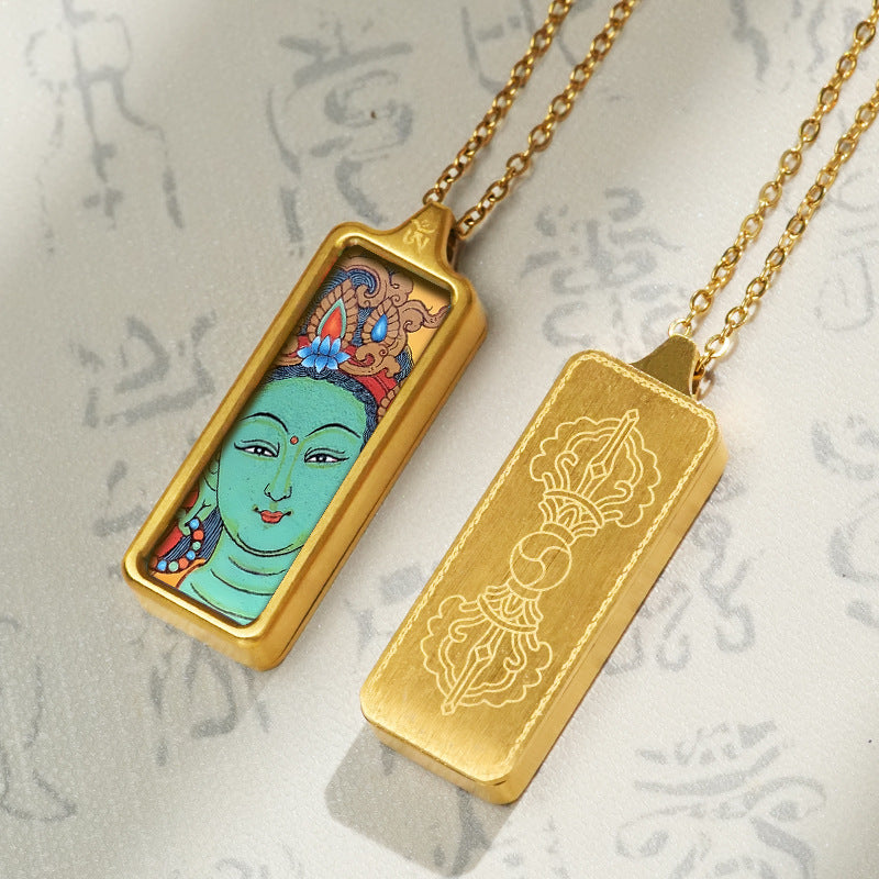 Hand-painted Mini Rectangular 30*10mm Replica Thangka Painting Box (with Chain)