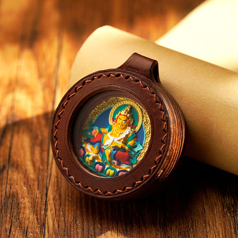 Three-dimensional relief circular leather shell Thangka pendant