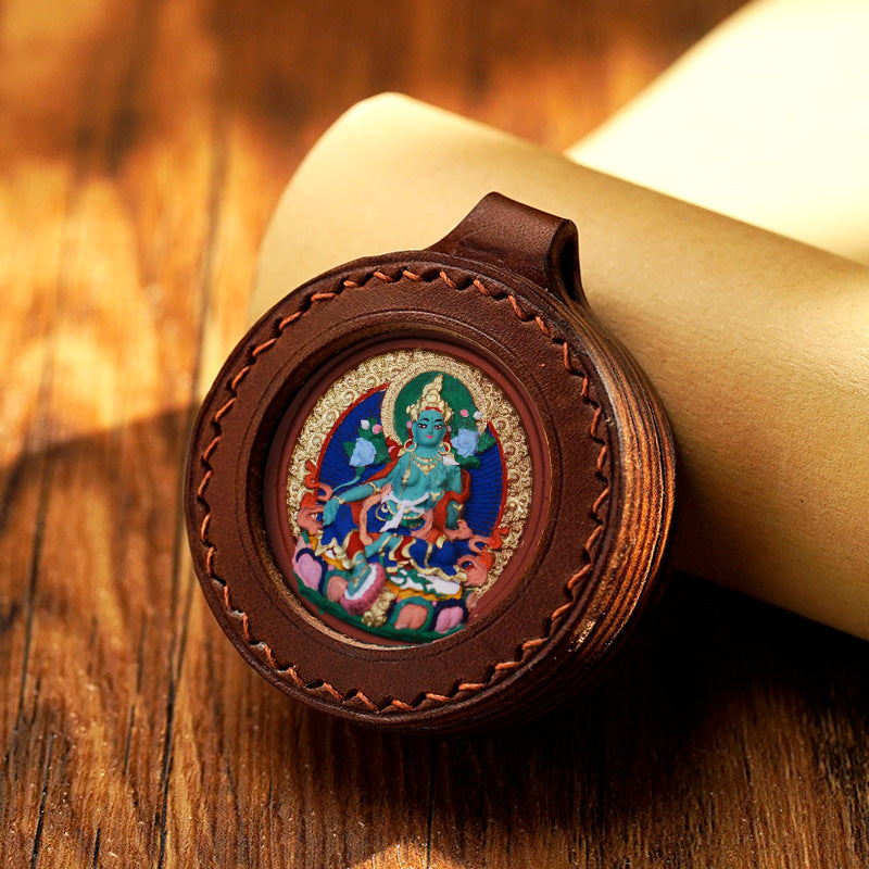 Three-dimensional relief circular leather shell Thangka pendant