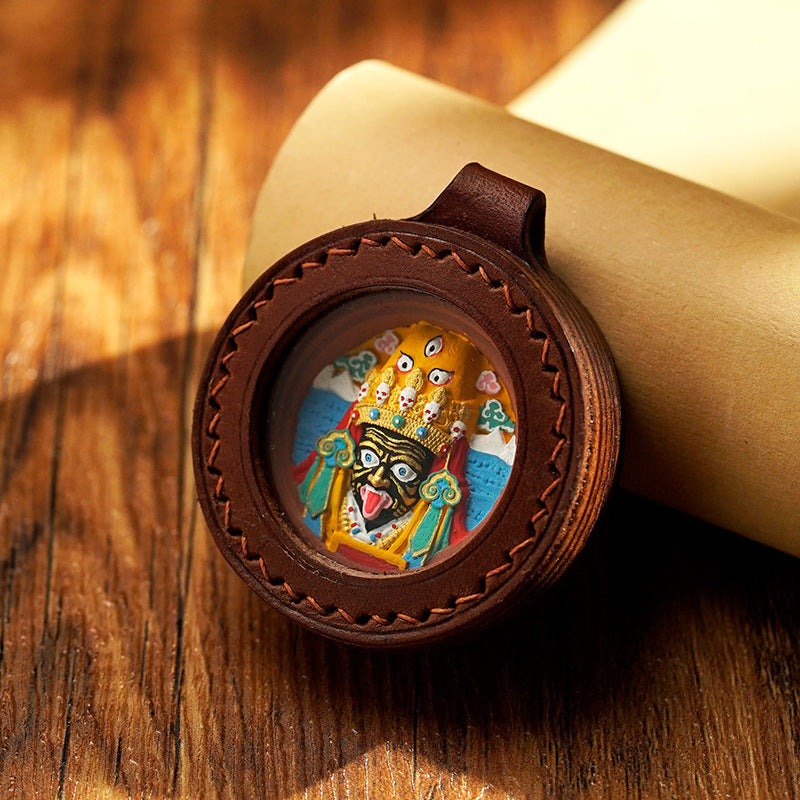 Three-dimensional relief circular leather shell Thangka pendant