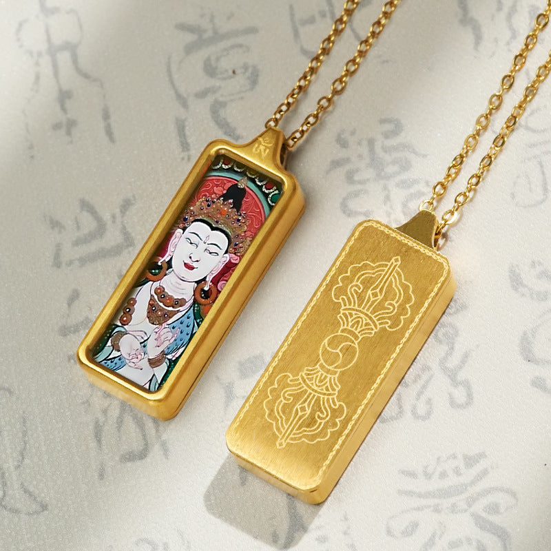 Hand-painted Mini Rectangular 30*10mm Replica Thangka Painting Box (with Chain)