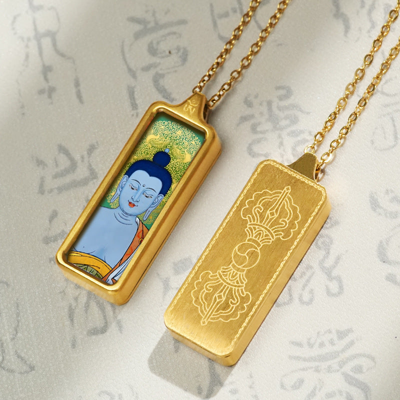 Hand-painted Mini Rectangular 30*10mm Replica Thangka Painting Box (with Chain)