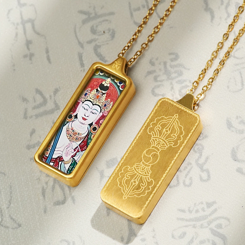 Hand-painted Mini Rectangular 30*10mm Replica Thangka Painting Box (with Chain)