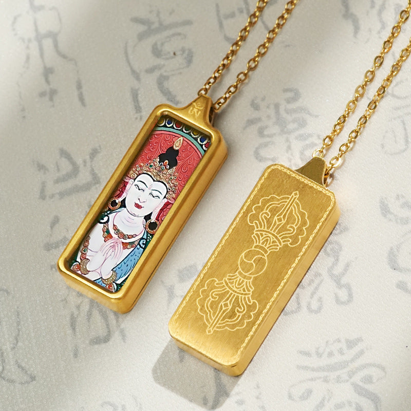 Hand-painted Mini Rectangular 30*10mm Replica Thangka Painting Box (with Chain)