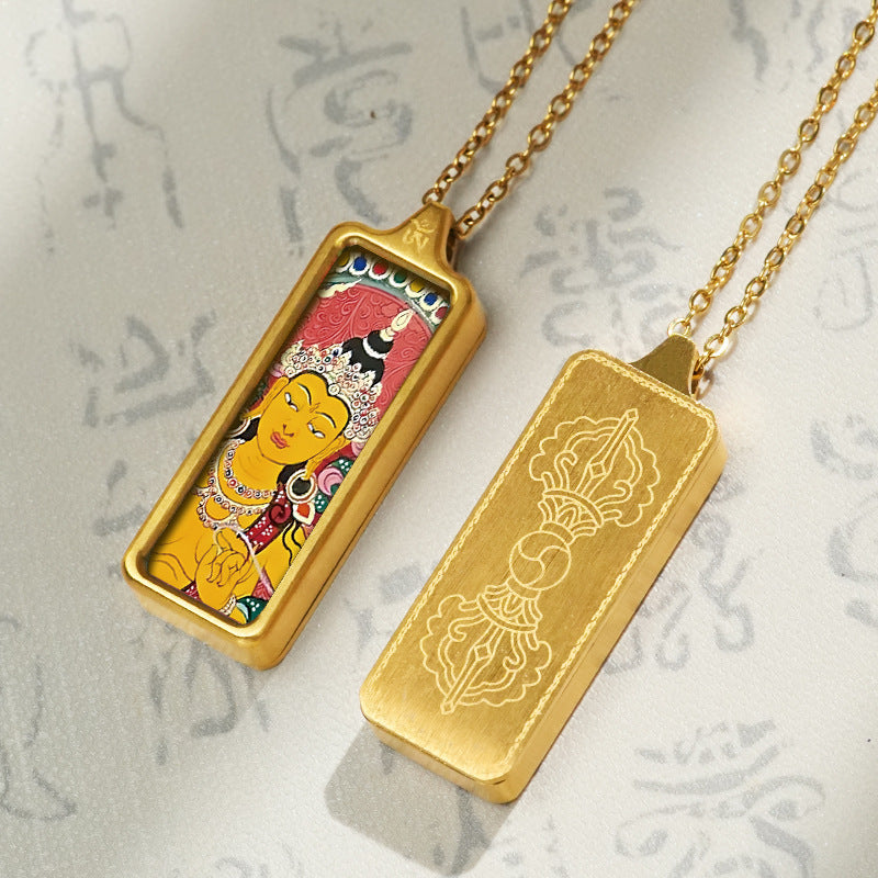 Hand-painted Mini Rectangular 30*10mm Replica Thangka Painting Box (with Chain)